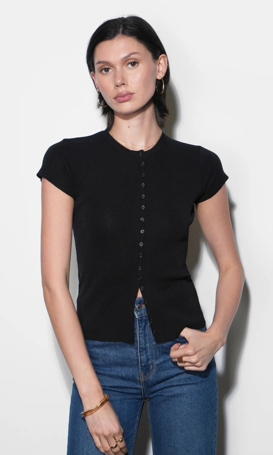 Vera Crew Neck Button Knit Black Top