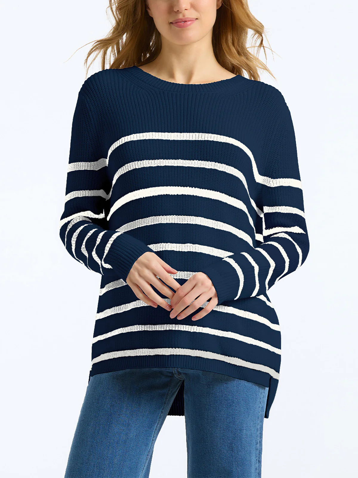 Emma Stripe Crewneck Shaker Stitch Sweater