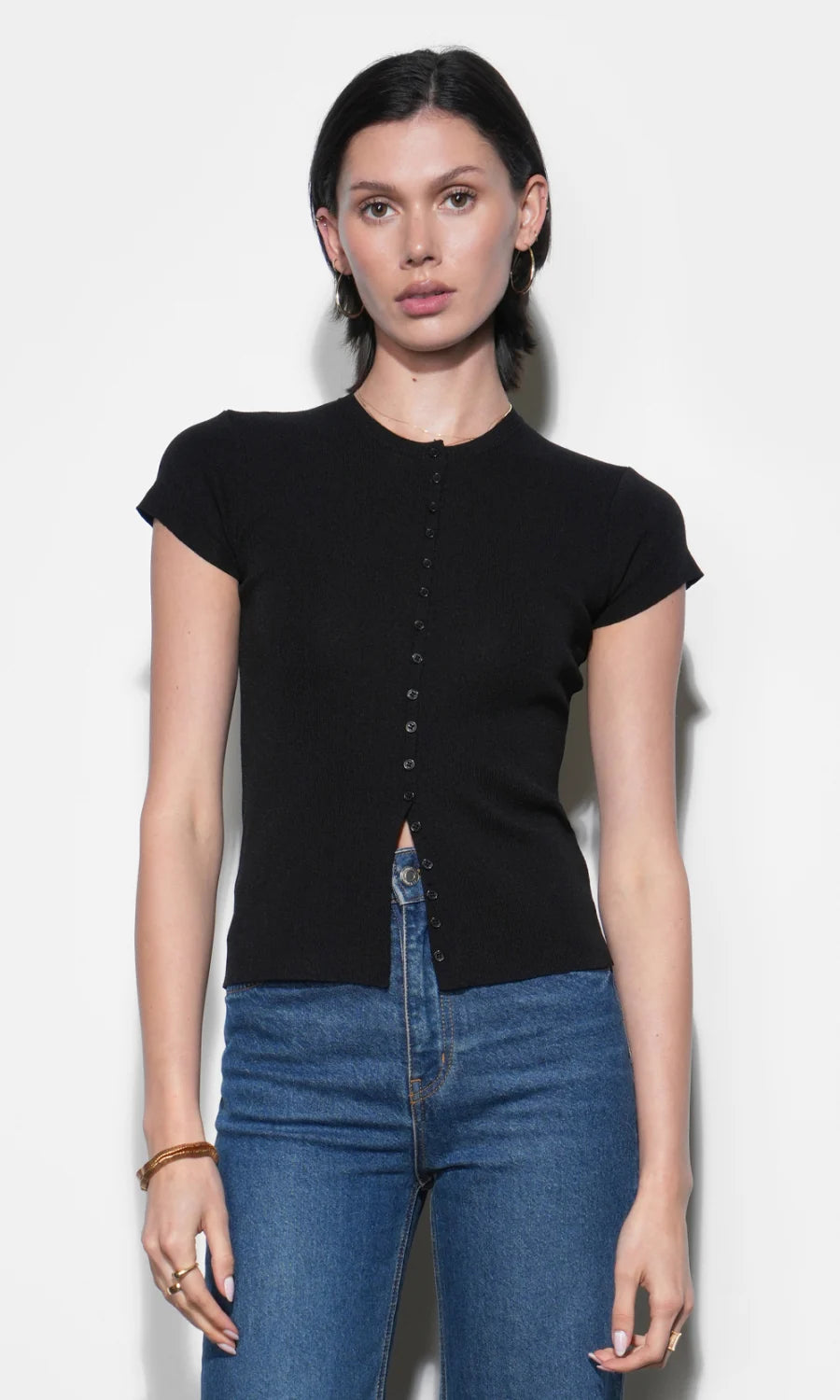 Vera Crew Neck Button Knit Black Top