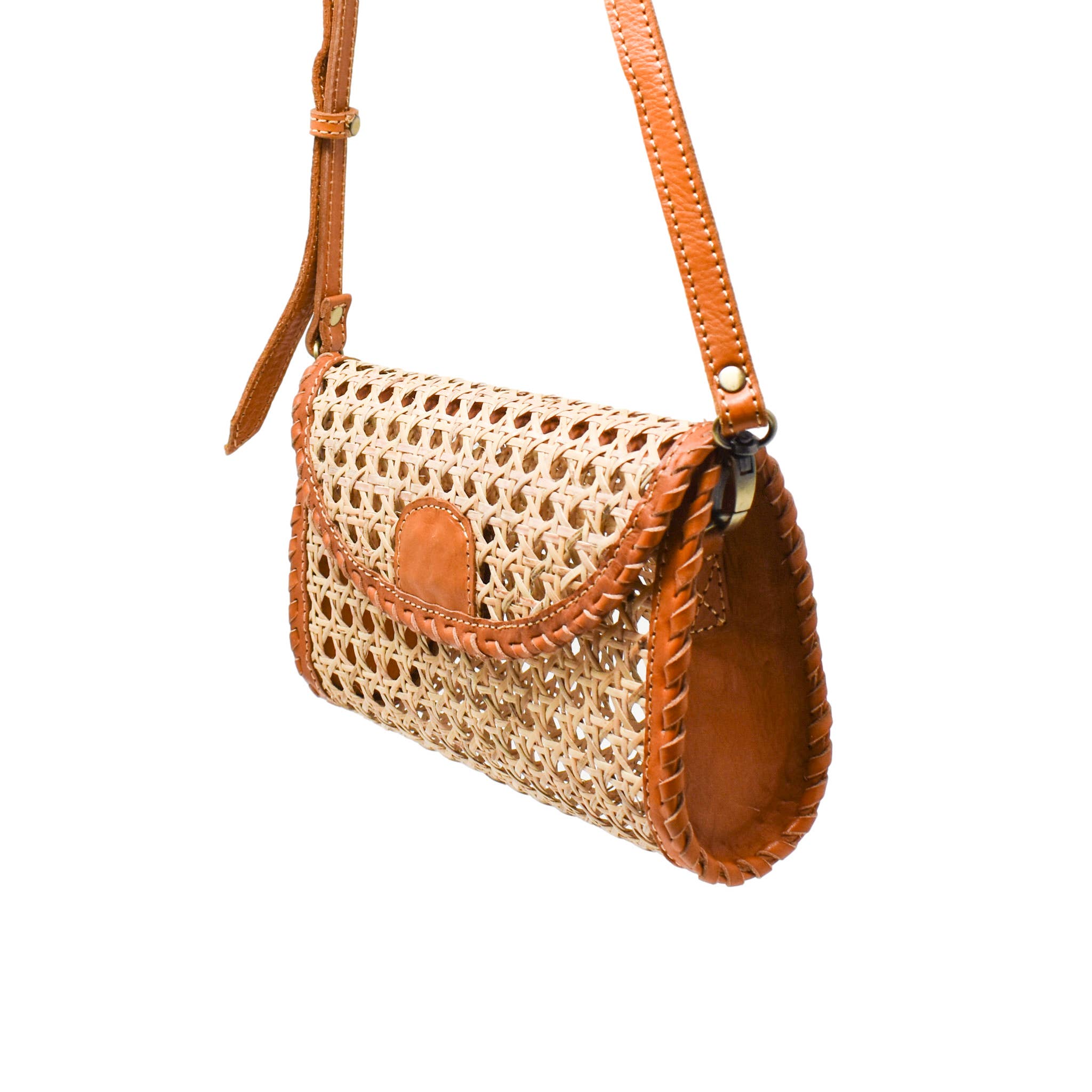 Ainsley Cane and Leather Crossbody Bag in Camel